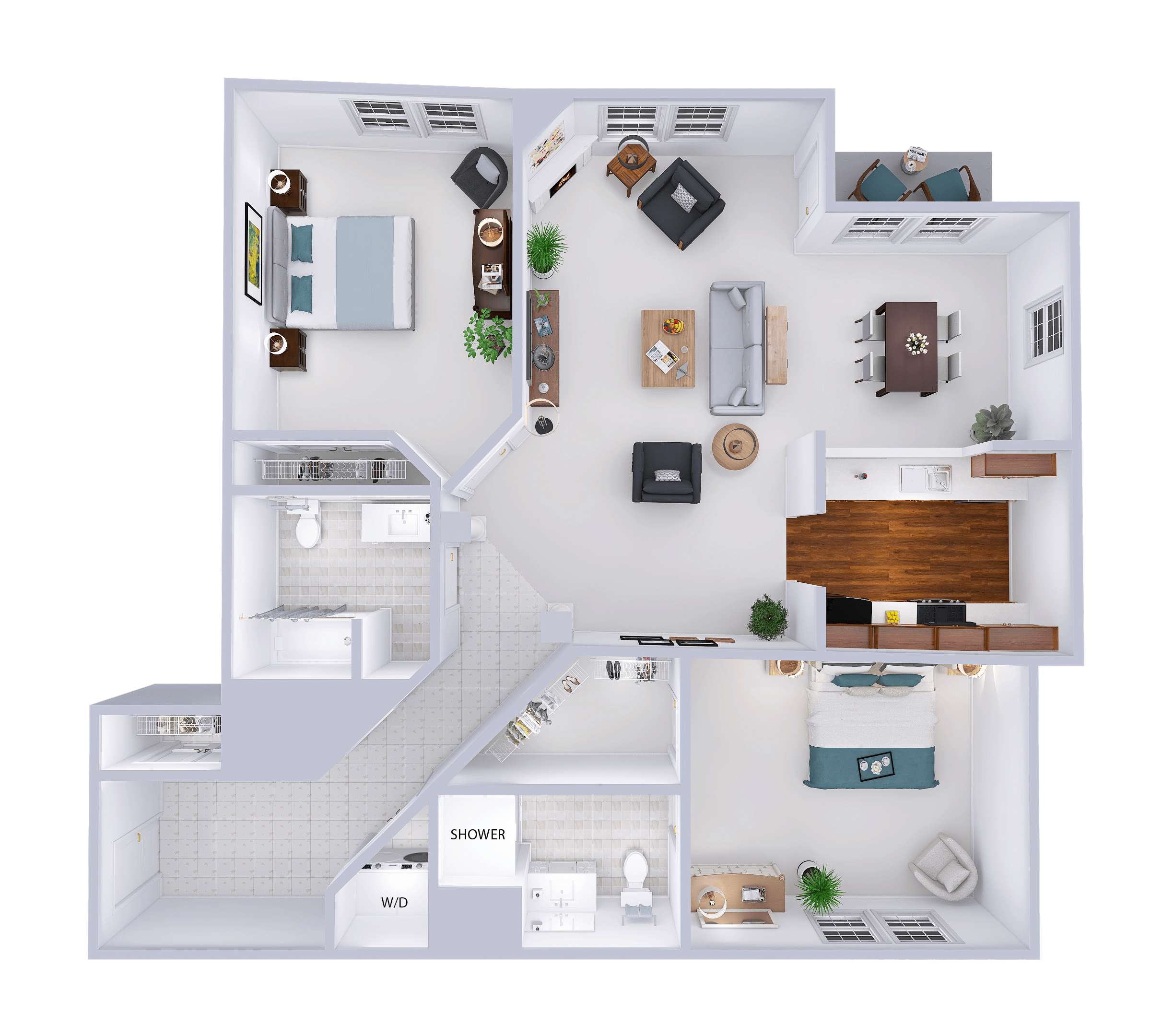Floor plan for 2 beds, 2 baths, 1288 sqft
